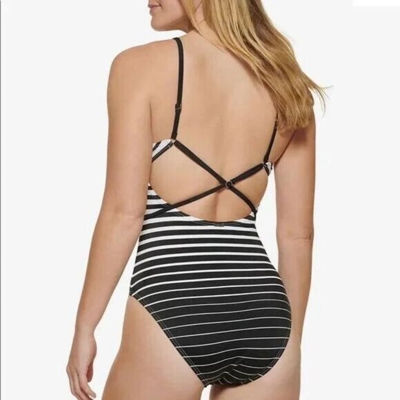 Calvin Klein One-Piece Swimsuit Black/White Over-The-Shoulder Wrap Size 10 Pool - Picture 2 of 10
